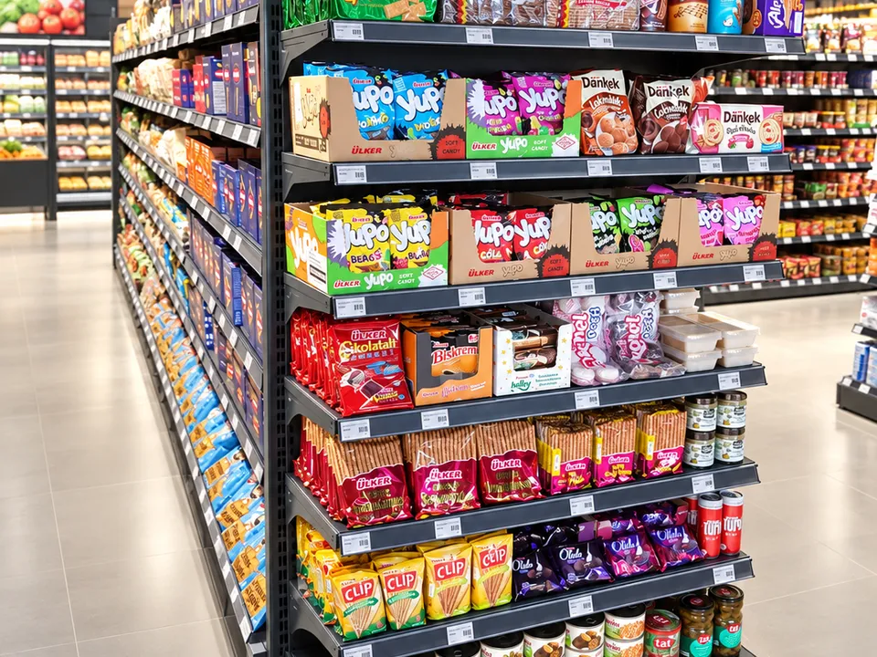 Supermarktregal mit Marken wie Ülker, Yupo und Çizi